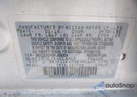 2015 Nissan Versa Note S (Sr)/S Plus/Sl/Sr/Sv z USA, uszkodzony, nr VIN 3N1CE2CP0FL408824